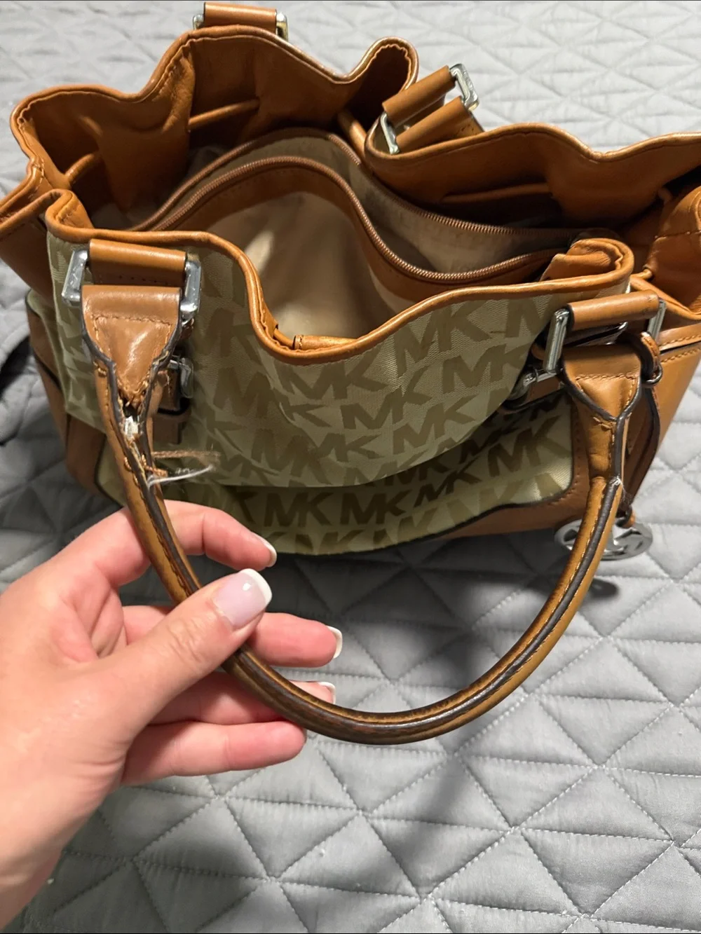 Michael Kors Cream & Tan Logo Satchel with MK Charm